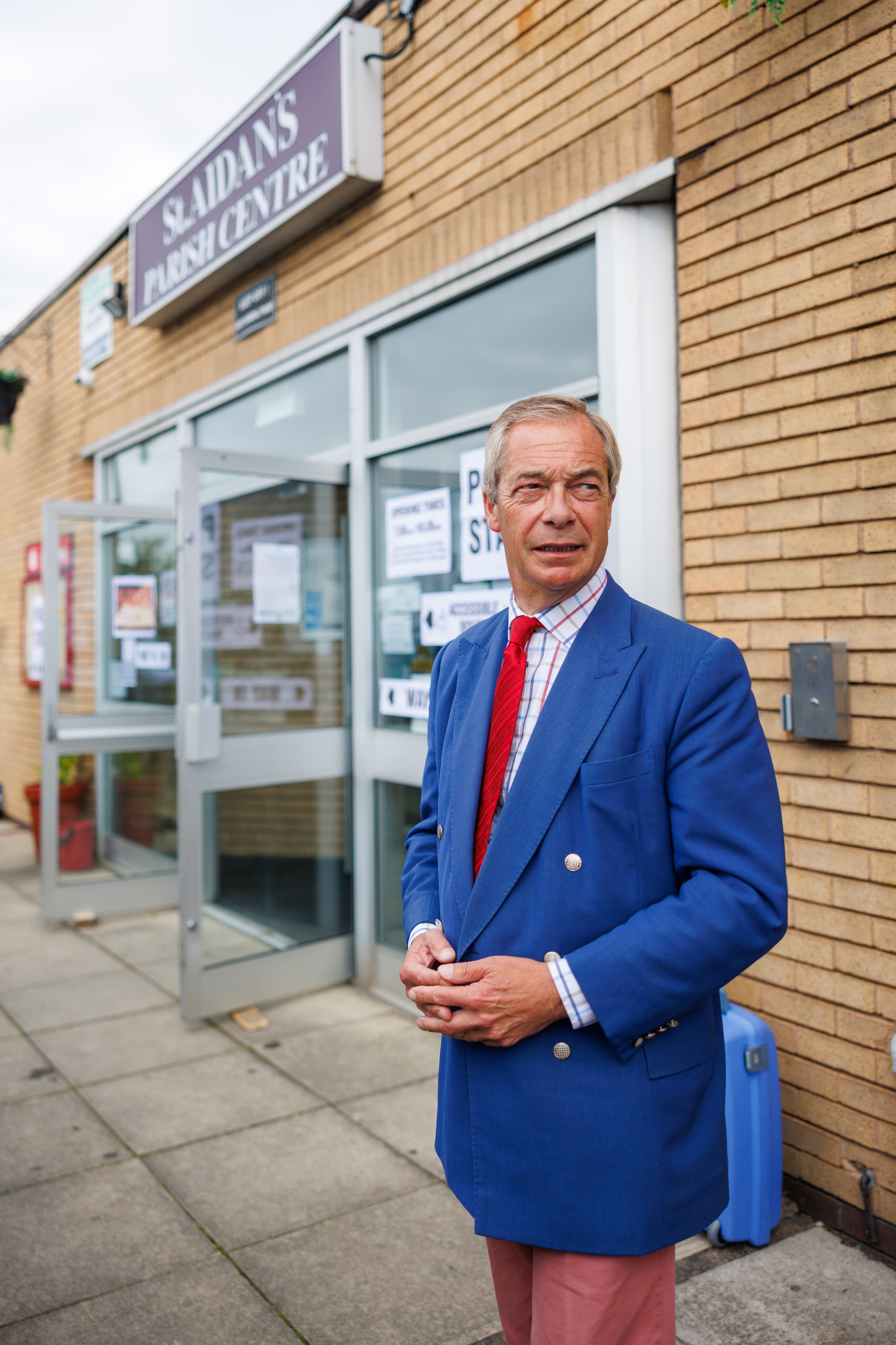Nigel Farage standing outside a building during an editorial assignment.