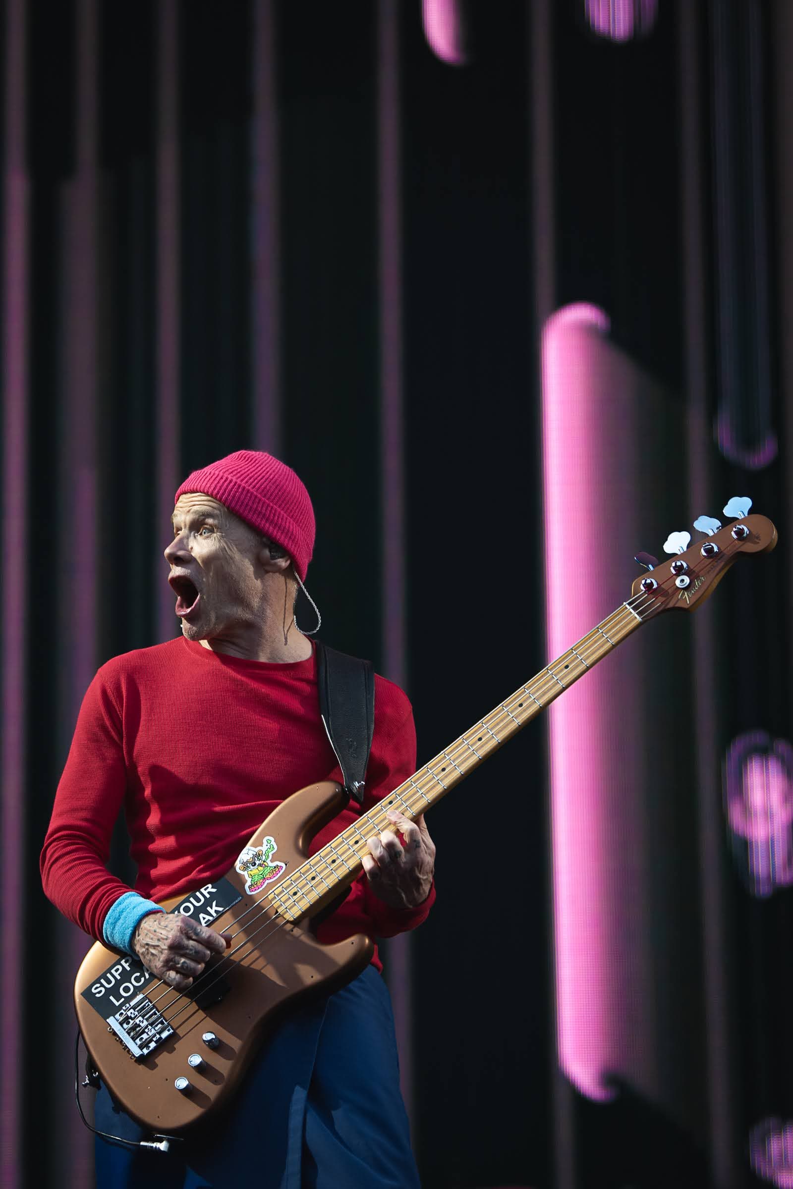 Red Hot Chili Peppers bassist performing live in Glasgow.