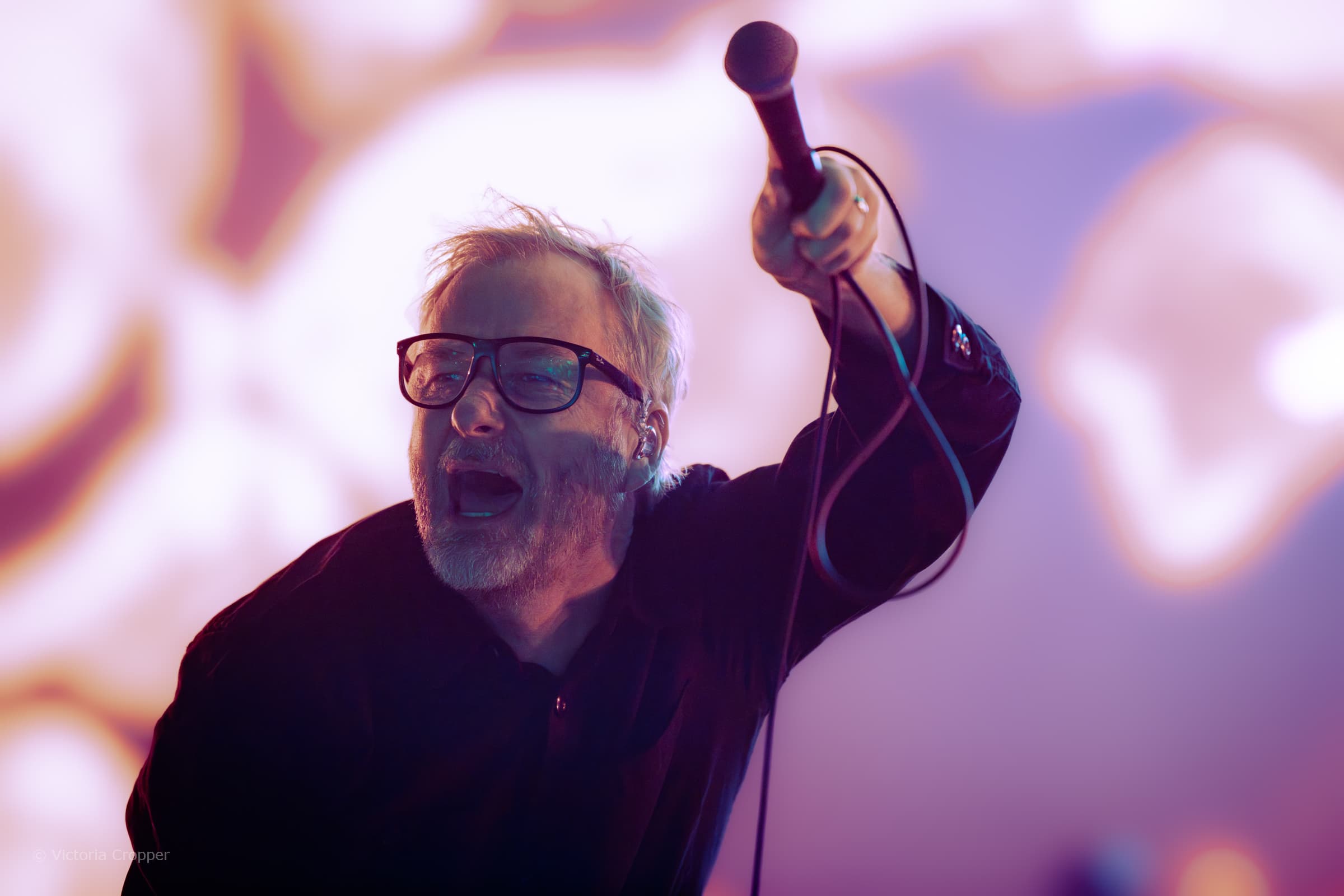 The National vocalist performing live into a microphone at All Points East in London.