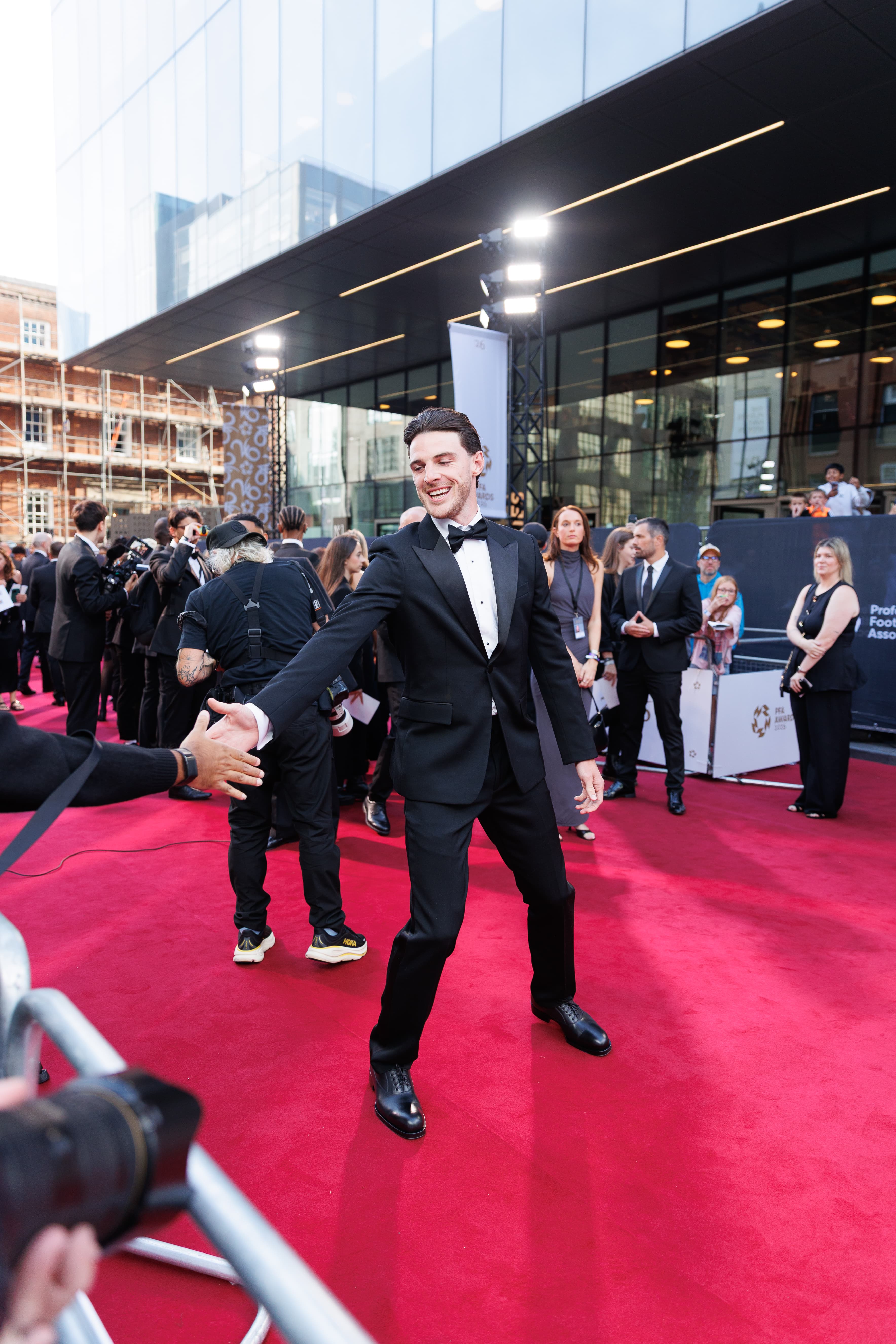 Declan Rice arriving on the red carpet at the 2026 PFA Awards.