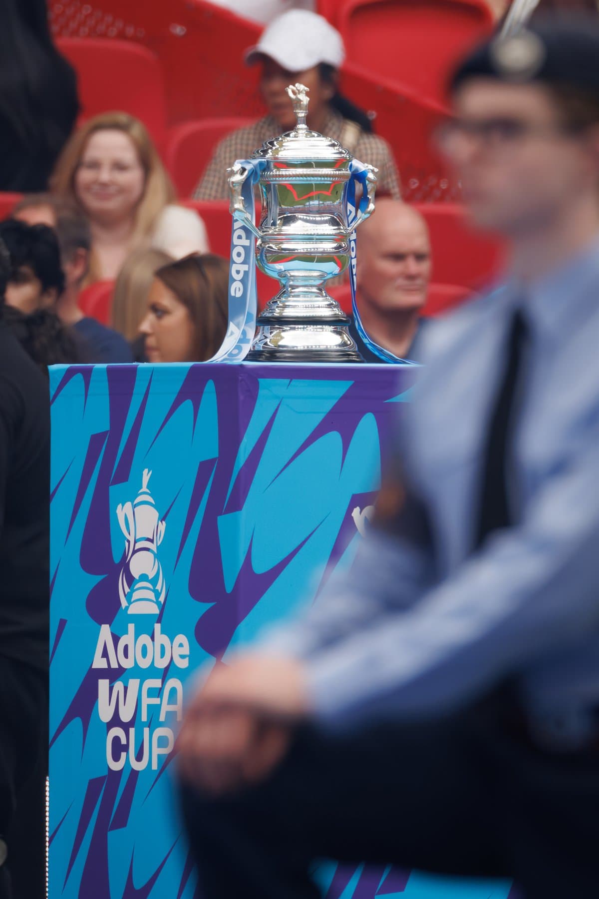 The Adobe Women's FA Cup trophy displayed pitchside at Wembley Stadium before the final.